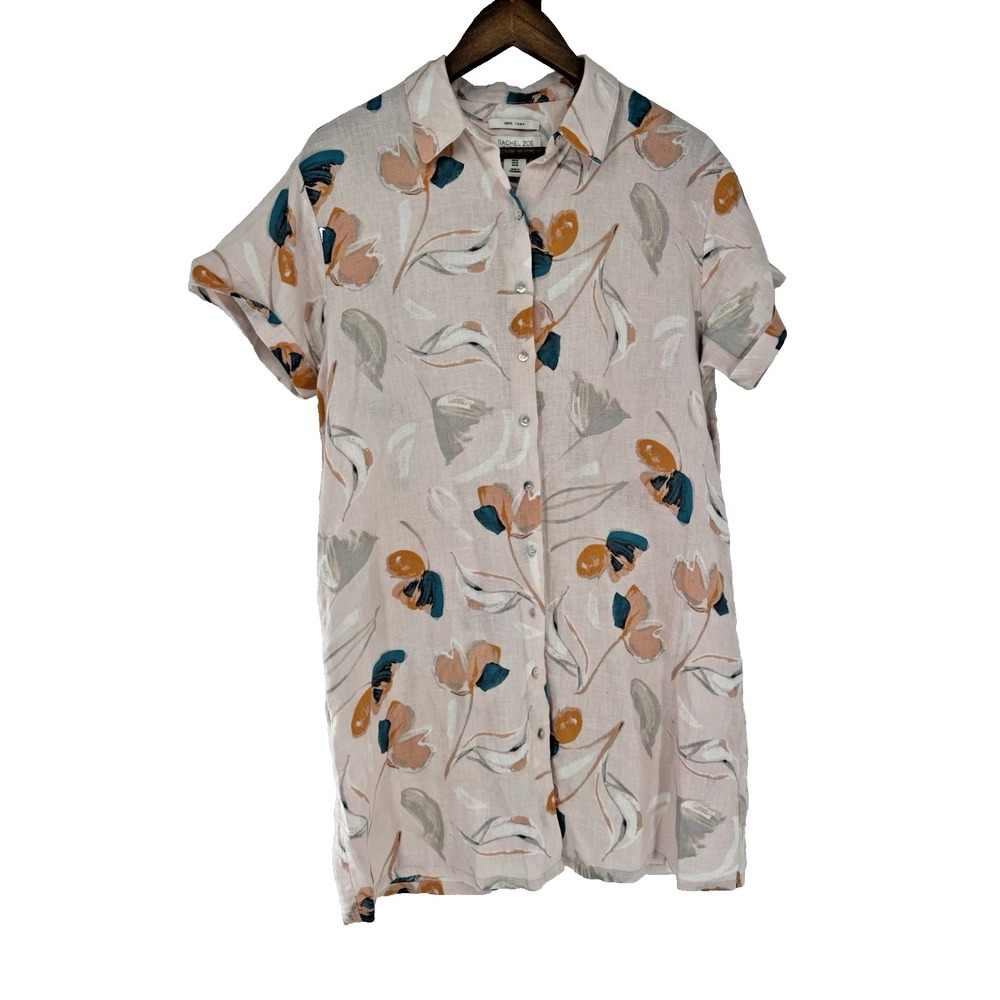 Rachel Zoe Linen Shirt Dress Floral‎ Button up Lagenlook watercolor spring artsy